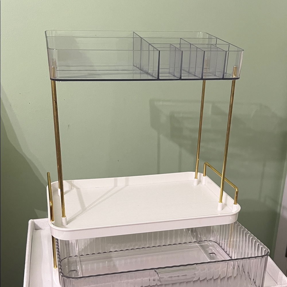 Clear and White 2-Tier Bath Storage Organizer with Gold Accents